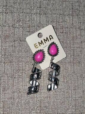 Pink Teardrop Silver Spiral Drop Earrings